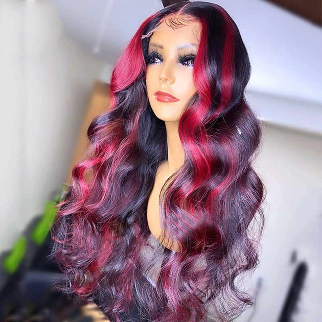 Pink Highlights On Black Hair Straight Hair Wig With Pink Peekaboo