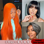 3Wigs = $189 |13x4 Lace Frontal Straight Ginger Wig + Bob Glueless 3x1 Lace Closure Wig with Bang + Pixel Short Bob Grey Wig