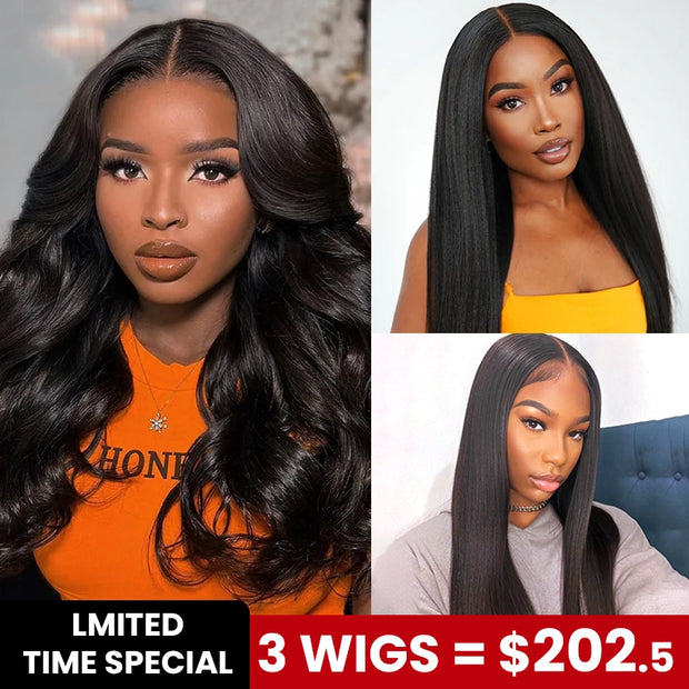 3 Wigs Set | 4x4 Lace Straight Wig + 4x4 Lace Kinky Straight Wig + 4x4 Lace Body Wave Wig