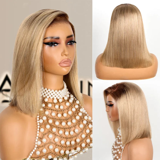 Straight Bob Ash Blonde with Dark Root 13x4 Transparent Lace Frontal Ready to Go Glueless Wig