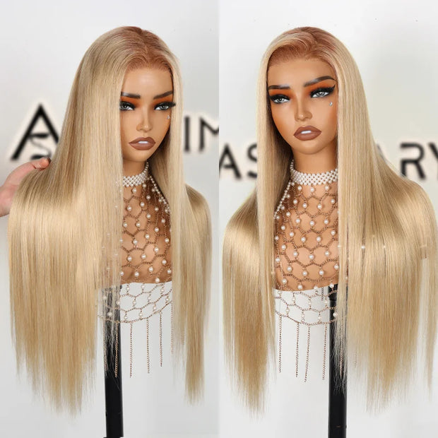 Shadow Root Blonde Straight 13x4 Lace Frontal Skin Melt Pre-Bleached Tiny Knots Human Hair Wig