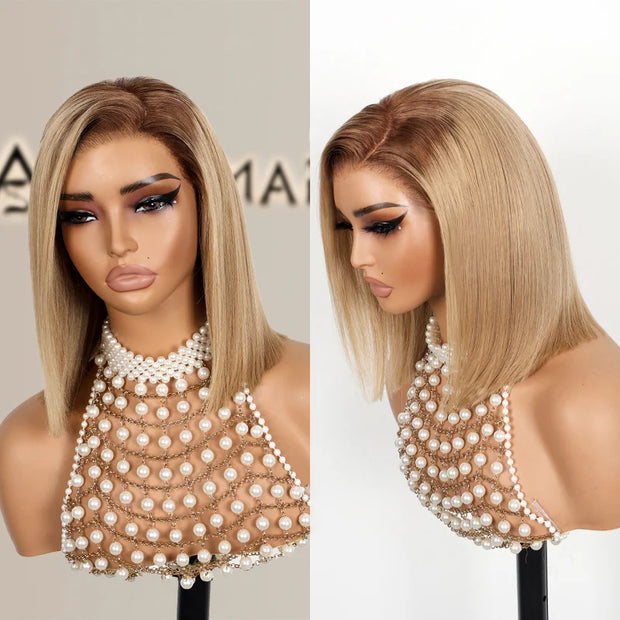 Straight Bob Ash Blonde with Dark Root 13x4 Transparent Lace Frontal Ready to Go Glueless Wig