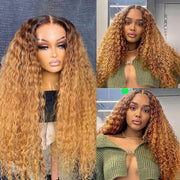 Ombre Honey Blonde Water Wave Lace Wig With Chocolate Dark Roots Pre Everything Glueless Wig