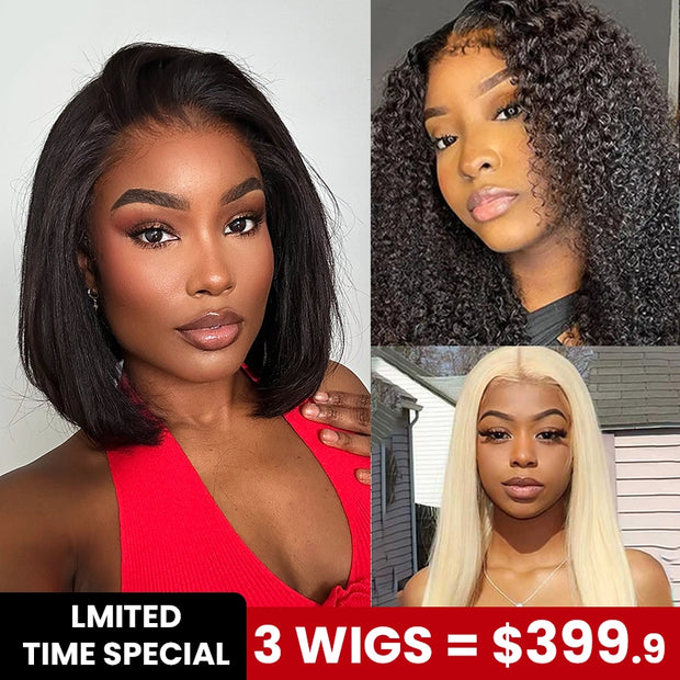 3 Wigs Set | 13x6 Lace Transparent Yaki Straight Wig with Pre-cut Bob Lace + Invisi Strap 360 Pre-cut Lace Kinky Curly Wig+ 5x5 Lace Blonde Straight Wig