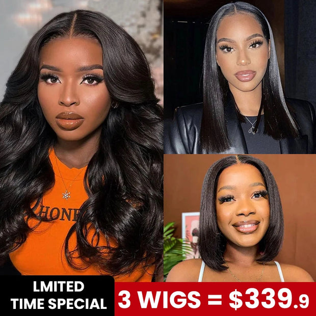 3 Wigs Set | Invisi Strap 360 Lace Body Wave Wig with Pre-cut Lace + 10x6 Pre-cut Lace Straight Wig + 4x4 Pre-cut Transparent Lace Yaki Straight Bob Wig