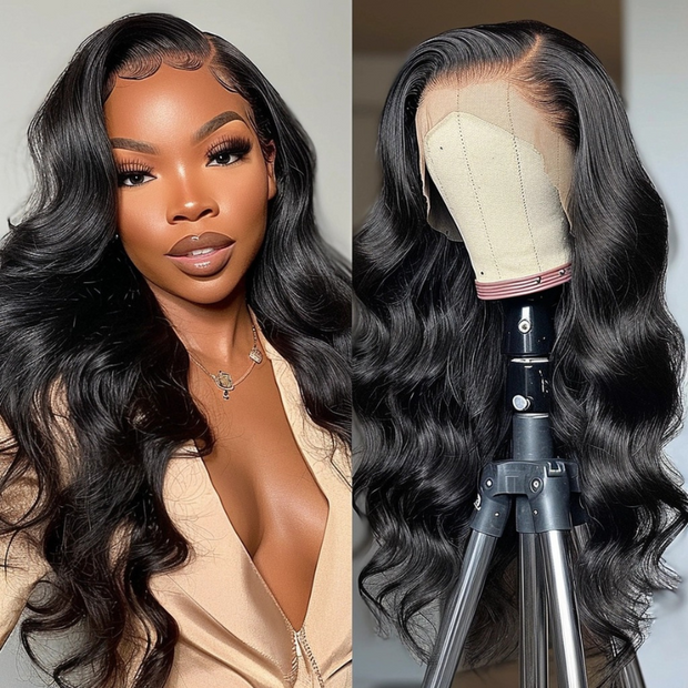 Ashimary 13x6 HD Swiss Lace Front body wave black human hair Pre Plucked Wigs For Women