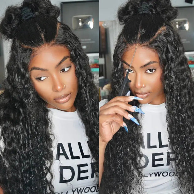 Pull Go 13x6 Full Wig Deep Wave Transparent Lace Frontal Wig Natural Black Color