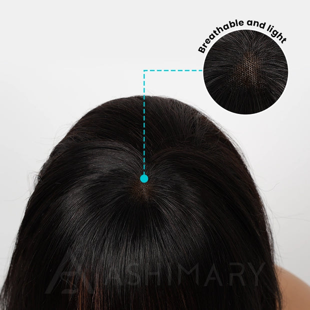 Ashimary Hand-Tied Skin Lace Natural Black Straight Clip In Fake Bangs with Temples Human Hair Extension