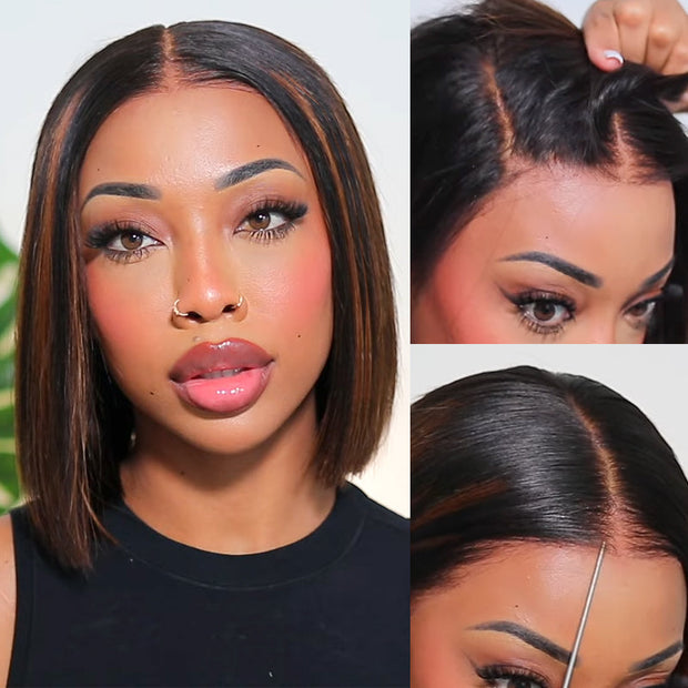 Black Brown Highlight Yaki Straight 4x4 Lace Bob Wig