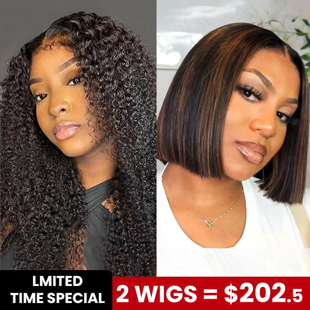 2 Wigs Set | Invisi strap 360 Lace Kinky Curly Wig with Pre-cut Lace + 4x4 Lace yaki straight highlight Bob wig With Pre-cut Lace