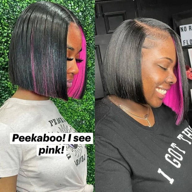 Hidden Color Bob Short Hair Peekboo Highlight Pink Transprant Lace Wig