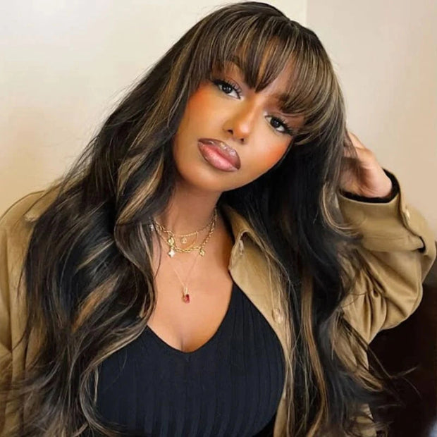 Highlights on Black Wig with Bangs Throw on & Go Body Wave Cost-effective Wig 10A Human Hair