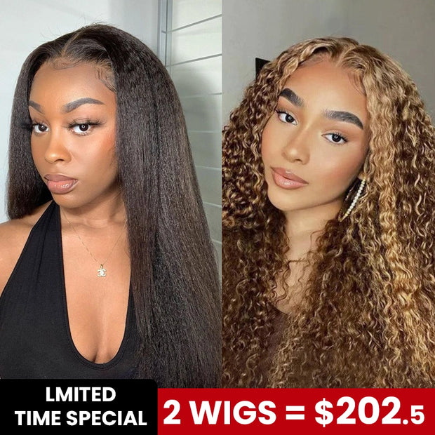 2 Wigs Set | Invisi Strap 360 Lace Water Wave Wig + 4x4 Lace Kinky Straight Wig