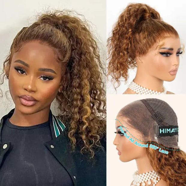 Water Wave Highlight Ombre Color Invisi Strap Snug Fit 360 Skin Lace Frontal Wig Glueless Human Hair