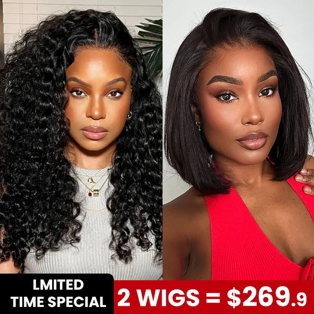 2 Wigs Set | 10x6 Lace Water Wave Wig with Pre-cut Lace + 13x6 Lace Transparent Yaki Straight Bob Wig with Pre-cut Lace