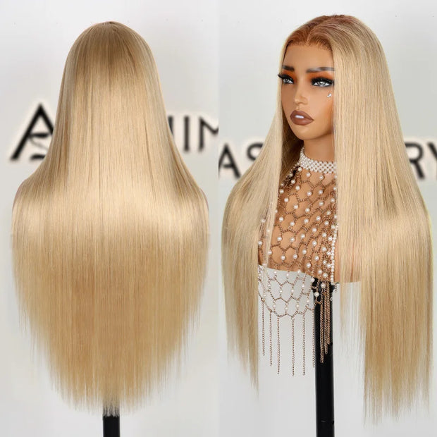 Shadow Root Blonde Straight 13x4 Lace Frontal Skin Melt Pre-Bleached Tiny Knots Human Hair Wig