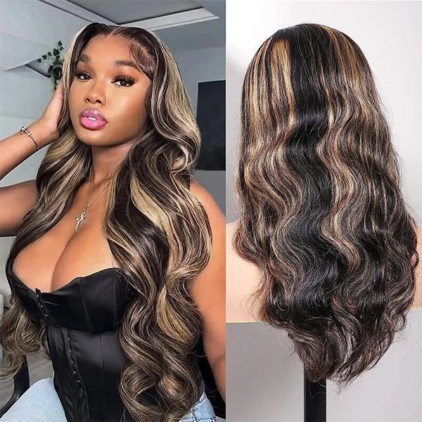 Brown Highlight on Black 4x4 5x5 6x6 Glueless Lace Closure Wigs Ashimary Body Wave Virgin Hair