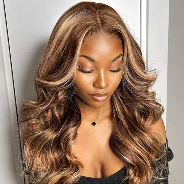 Trendy Ready to Wear Blonde Highlight Glueless Pre Cut Lace Body Wave Wigs with Pre Plucked Hairline & Bleached Knots