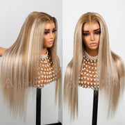 Ash Blonde With Platinum Highlight Straight 13x4 Lace Frontal Wig 100% Human Hair