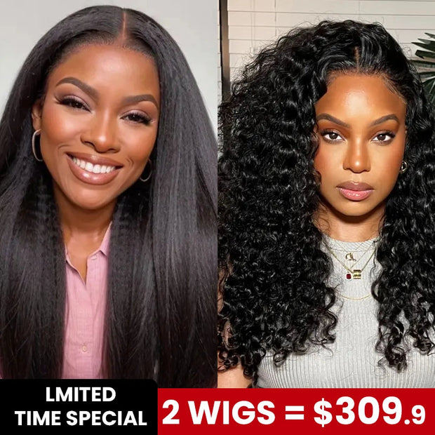 2 Wigs Set | 13x4 Lace Yaki Straight Wig with Pre-cut Lace + 10x6 Lace Water Wave Wig with Pre-cut Lace