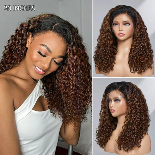 Ashimary 4C Edges Ombre Brown Deep Wave Kinky Edges 13x4 Transparent Lace Front Wig 100% Human Hair