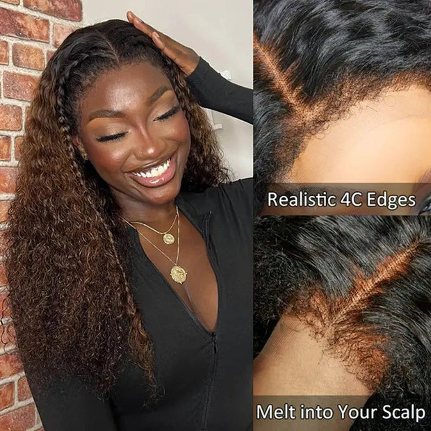 Ashimary 4C Edges Ombre Brown Deep Wave Kinky Edges 13x4 Transparent Lace Front Wig 100% Human Hair