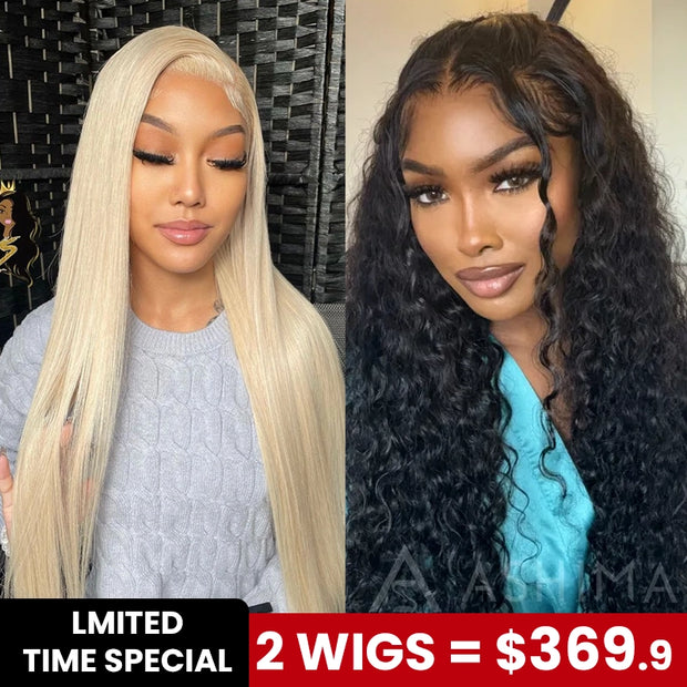 2 Wigs Set | Transparent 13x4 Lace Blonde Straight Wig + 10x6 Lace Water Wave Wig with Pre-cut Lace