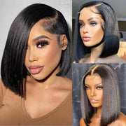 Glueless Double Drawn Blunt Cut Bob Transparent Lace Wig 10A Double Drawn Human Hair