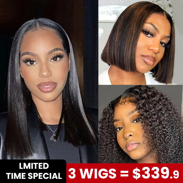 3 Wigs Set | 10x6 Pre-cut Lace Straight Wig + 4x4 Pre-cut Lace Yaki Straight Highlight Bob Wig + Invisi Strap 360 Lace Kinky Curly Wig with Pre-cut Lace