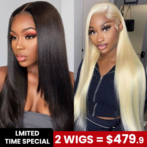 2 Wigs Set | 6x4.5 Lace Layer Yaki Straight Bob Wig with Pre-cut Lace + 13x6 Transparent Lace Blonde Straight Wig