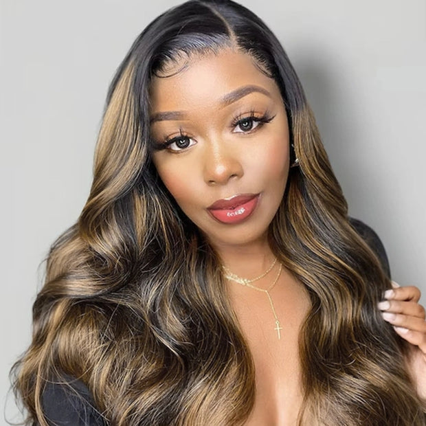 Brown Highlight on Black 4x4 5x5 6x6 Glueless Lace Closure Wigs Ashimary Body Wave Virgin Hair