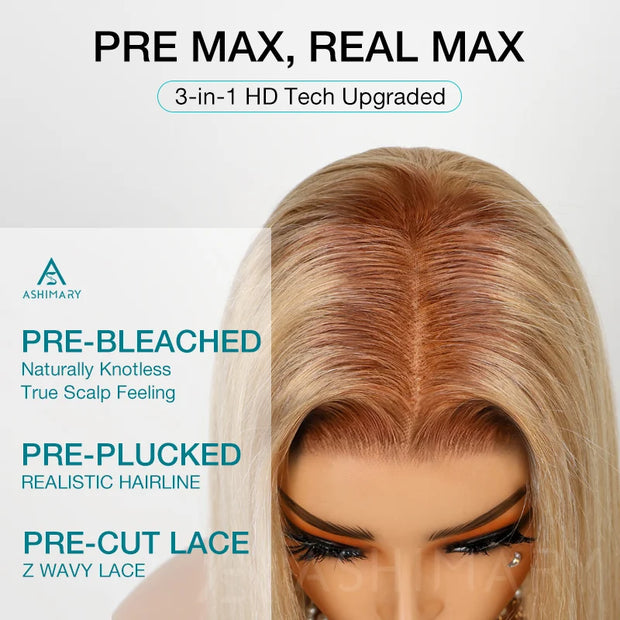 Shadow Root Blonde Straight 13x4 Lace Frontal Skin Melt Pre-Bleached Tiny Knots Human Hair Wig