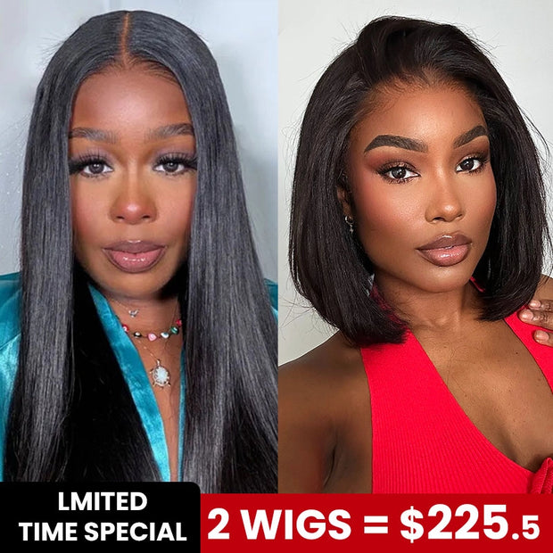 2 Wigs Set | 10x6 Lace Straight Wig with Pre-cut Lace + 13x6 Transparent Lace Yaki Straight Bob Wig with Pre-cut Lace