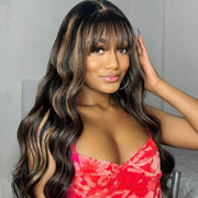 Highlights on Black Wig with Bangs Throw on & Go Body Wave Cost-effective Wig 10A Human Hair