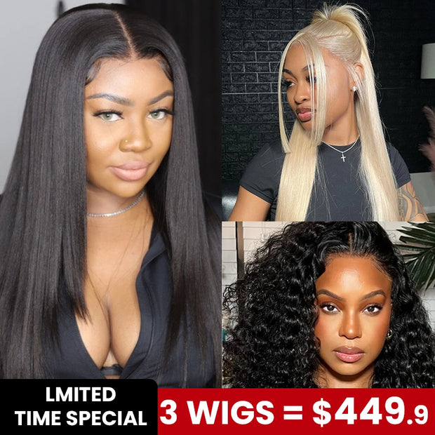 3 Wigs Set | 6x4.5 Pre-cut Lace Transparent Layer Yaki Straight Bob Wig + 13x6 Lace Blonde Straight Wig + 10x6 Pre-cut Lace Water Wave Wig