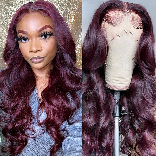 Dark 99J Burgundy Body Wave 13x4 Frontal Lace Glueless Wig 100% human ...