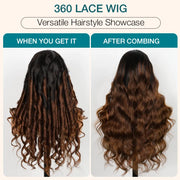 New Black Ombre Brown Highlight 3D Body Wave 360 Lace Frontal with Invisi-Strap Pre Bleached & Pucked Human Hair Wig