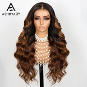 New Black Ombre Brown Highlight 3D Body Wave 360 Lace Frontal with Invisi-Strap Pre Bleached & Pucked Human Hair Wig