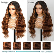 New Black Ombre Brown Highlight 3D Body Wave 360 Lace Frontal with Invisi Strap Pre Bleached & Pucked Human Hair Wig