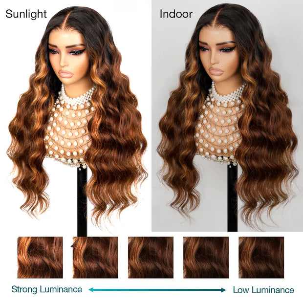 New Black Ombre Brown Highlight 3D Body Wave 360 Lace Frontal with Invisi Strap Pre Bleached & Pucked Human Hair Wig