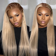 Ash Blonde Dark Root Straight 13x4 Transparent Lace Frontal Every Day Wear Pre Plucked Human Hair Wig