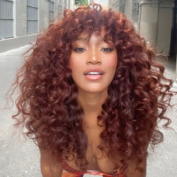 Reddish Brown Curly Wig with Full Bangs Machine Made Cost-effective Human Hair Wig 180% Denisty