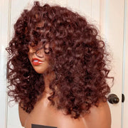 Reddish Brown Curly Wig with Full Bangs Machine Made Cost-effective Human Hair Wig 180% Denisty