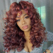 Reddish Brown Curly Wig with Full Bangs Machine Made Cost-effective Human Hair Wig 180% Denisty