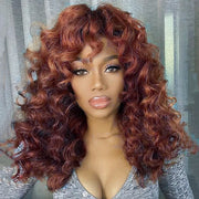 Reddish Brown Curly Wig with Full Bangs Machine Made Cost-effective Human Hair Wig 180% Denisty