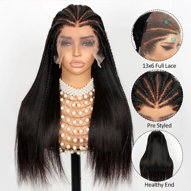 Ashimary Half Braid Straight 13x6 Full Lace Frontal Pre Bleached & Plucked Human Hair Pre Styled Glueless Wig