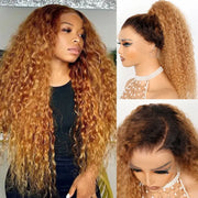 Water Wave Invisi-Strapâ„?360 Skin Lace Frontal Ombre Honey Light Brown Wig With Chocolate Dark Roots Pre Everything Glueless Wig