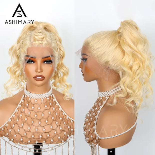 Ashimary Blonde Full Lace Frontal with Invisi-Strap Parting Max Skin Melt Lace 613 Colored Body Wave Human Hair Wig