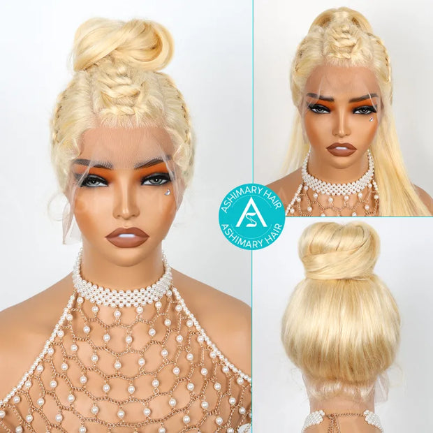 Ashimary Blonde Full Lace Frontal with Invisi-Strap Parting Max Skin Melt Lace 613 Colored Body Wave Human Hair Wig