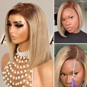 Straight Bob Ash Blonde with Dark Root 13x4 Transparent Lace Frontal Ready to Go Glueless Wig